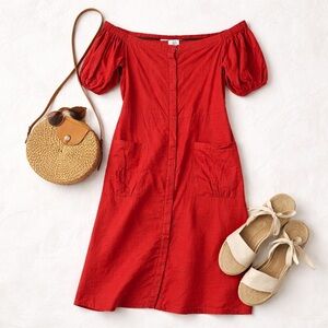 dRA Los Angeles Red Linen Blend Off Shoulder Midi Dress Pockets Size Medium